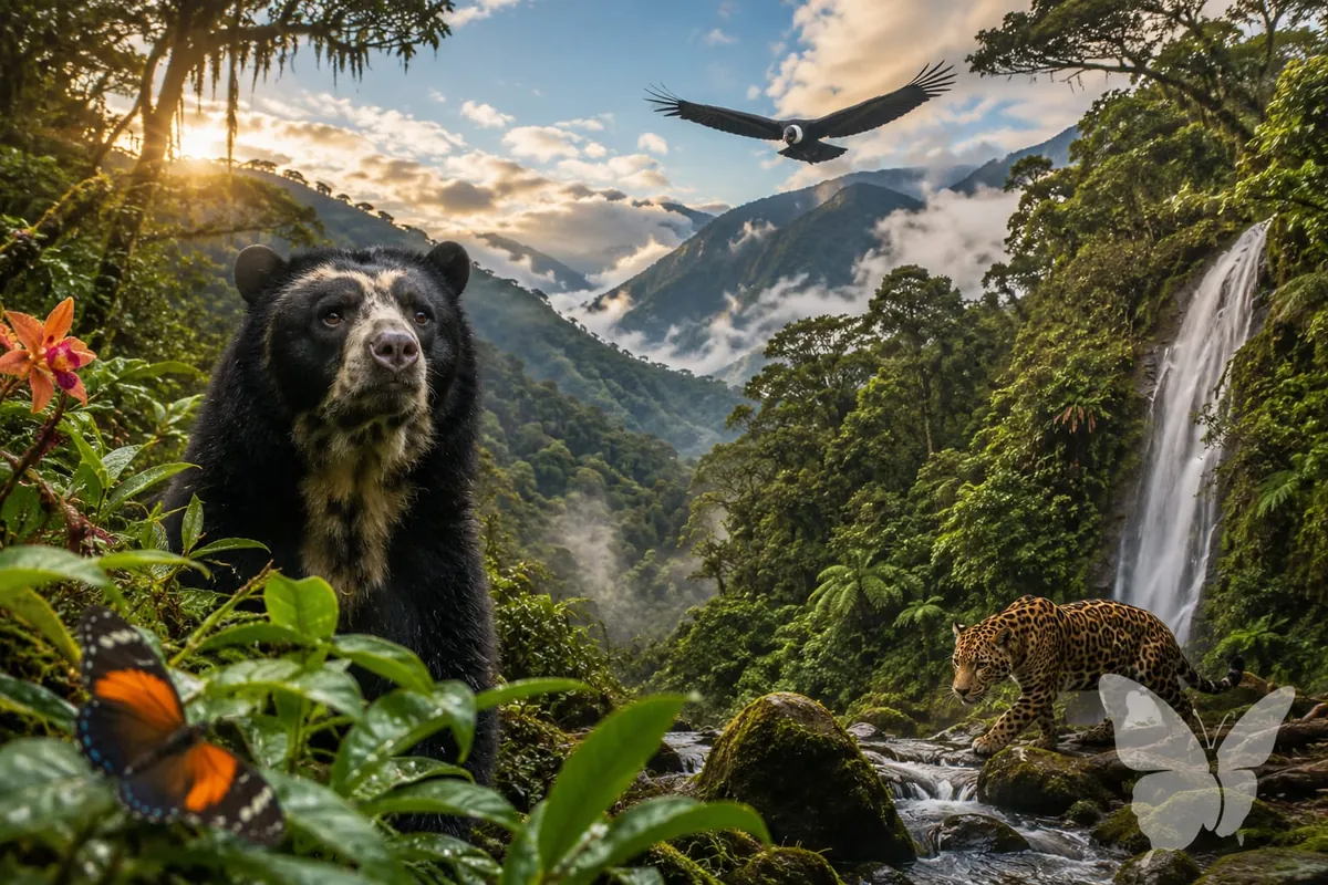 Ilustración de un oso de anteojos, un jaguar y un cóndor en un bosque andino con una cascada