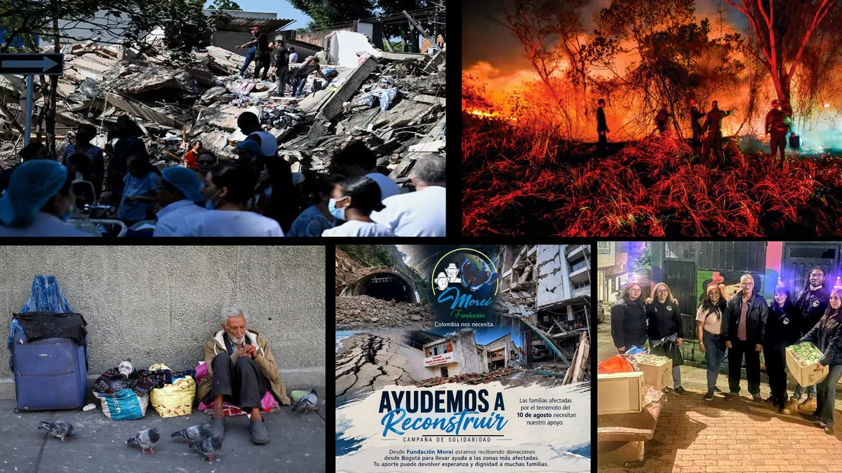 Collage de la campaña de la Fundación Morei para ayudar a familias afectadas por desastres, con el afiche «Ayudemos a reconstruir»
