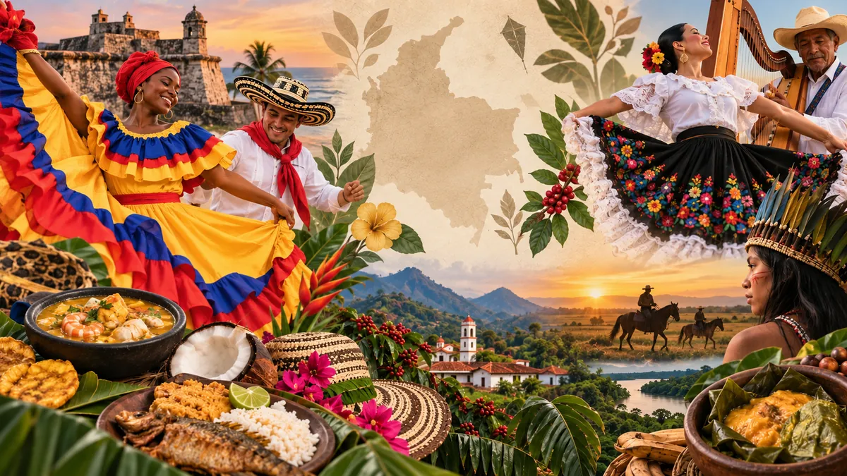 Ilustración de danzas, comidas, artesanías y paisajes de las regiones de Colombia