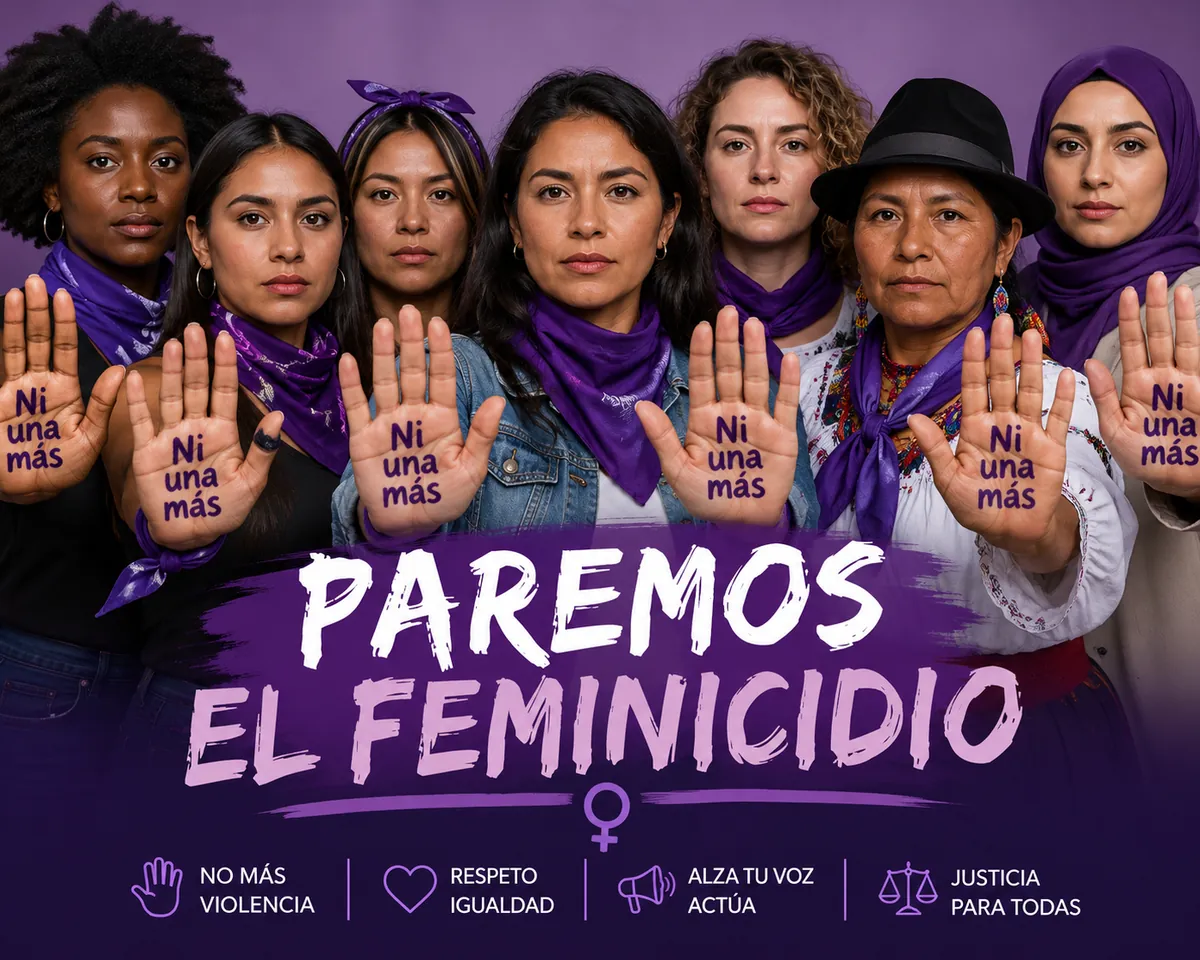 Afiche «Paremos el feminicidio» con mujeres que muestran la palma de la mano con el mensaje «Ni una más»