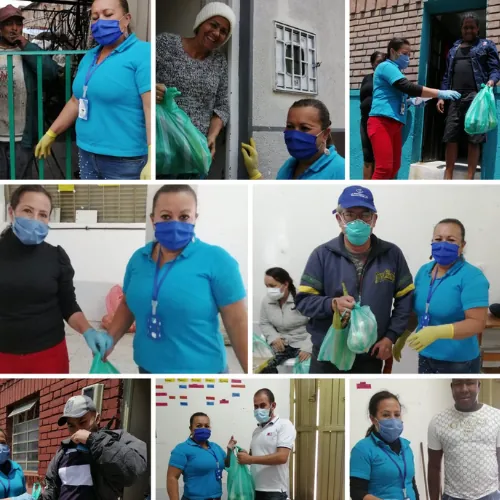 Collage de fotos de integrantes de la Fundación Morei, con camiseta azul y tapabocas, entregando mercados durante la pandemia