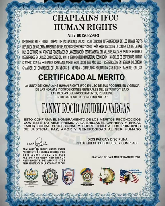 Certificado al Mérito de Chaplains IFCC Human Rights a nombre de Fanny Rocío Agudelo Vargas, Santiago de Cali, mayo de 2026