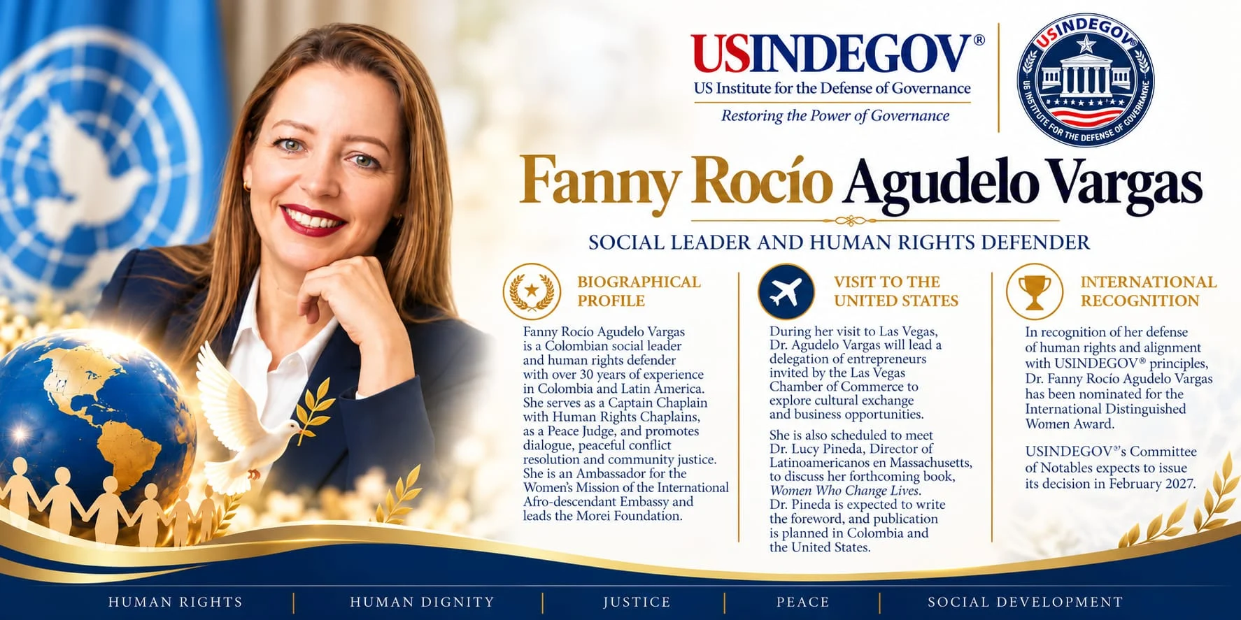 Pieza de USINDEGOV: Fanny Rocío Agudelo Vargas, líder social y defensora de derechos humanos, nominada al International Distinguished Women Award; incluye su perfil biográfico y su visita a Estados Unidos