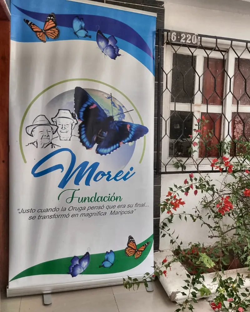 Pendón de la fundación con el lema de la oruga y la mariposa, junto a la placa 6-220